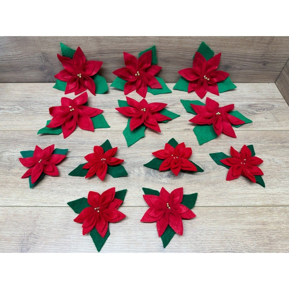 Vintage Handmade Felt Poinsettia Bows - Lot of 12 - Assorted Christmas Floral
